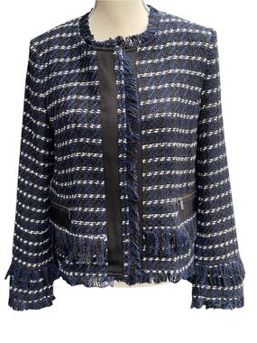 Halogen Black/Blue Tweed Fringe Zip Front Textured Blazer Jacket (M)